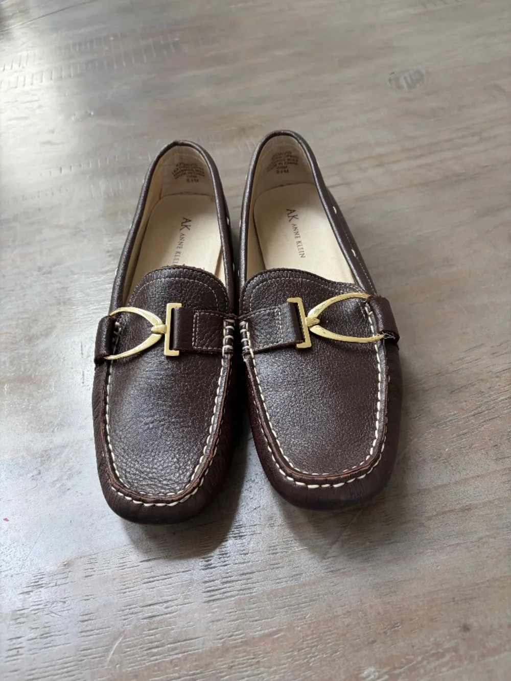 Ann Klein Davis Brown, Leather Loafers with Gold Buckle.